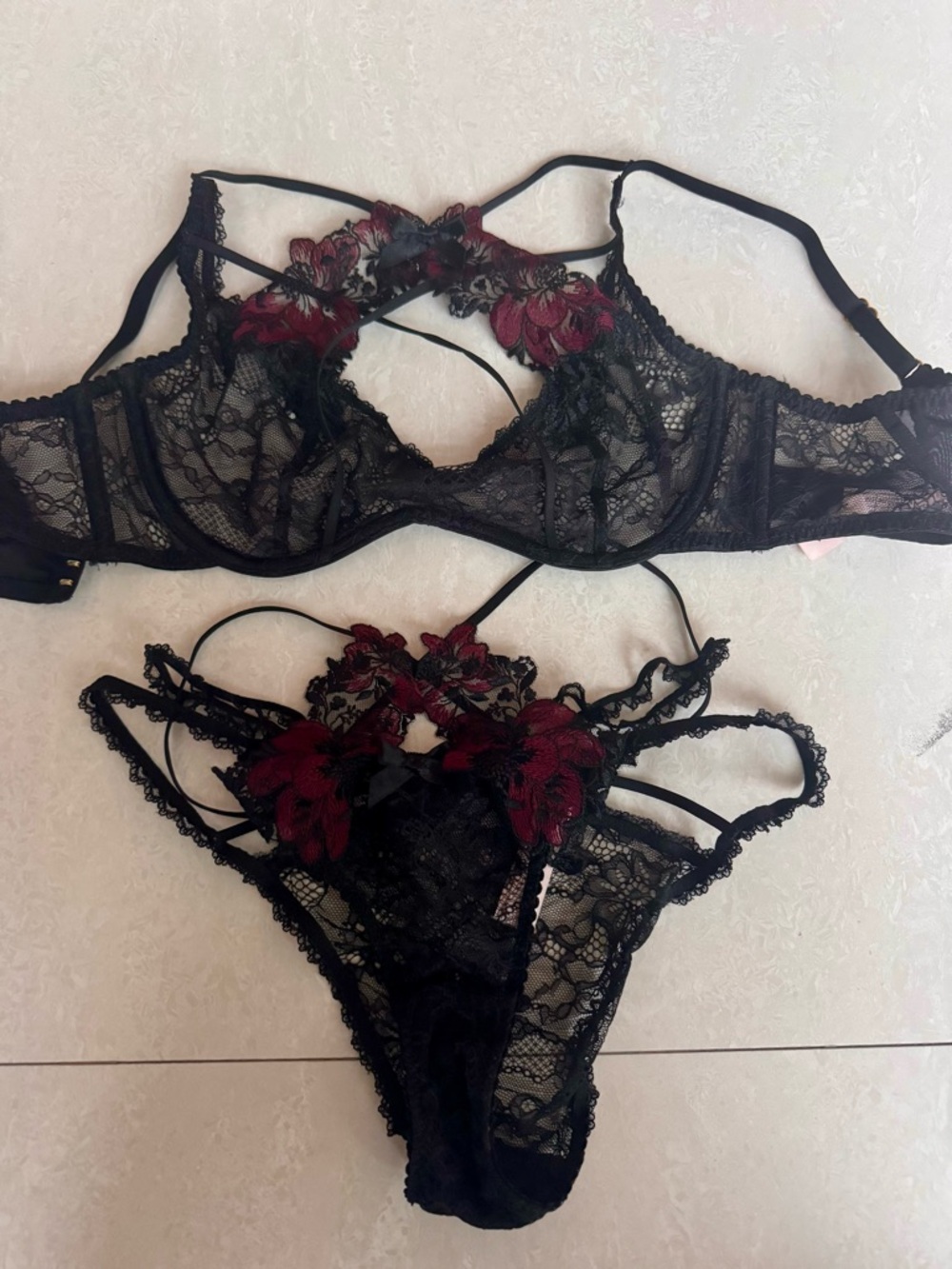 Agent Provocateur Black & Burgundy Lace Embroidered Underwire Bra & Panty Set